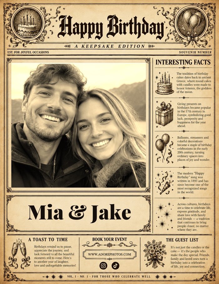 Vintage newspaper front page “Birthday” — put your photo in it